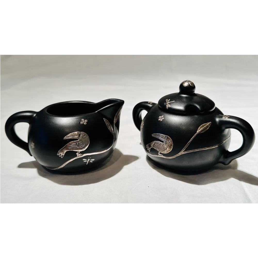 VINTAGE 1990s EMILIA CASTILLO SILVER BLACK CERAMIC TOUCAN SUGAR BOWL CREAMER